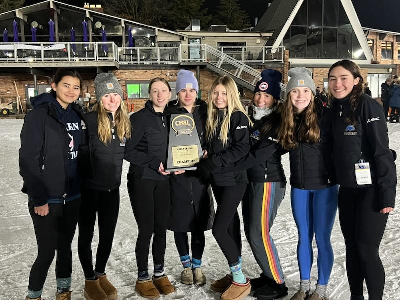 From Left: Bloomfield Hills Marian ski team members Summer Borromeo, Susie Klein, Emma Borgula, Paige Rawlins, Stella Lowman, Agatha Valka, Ava Hierlihy and Mirabelle Dawson. Courtesy of Mark Weymouth